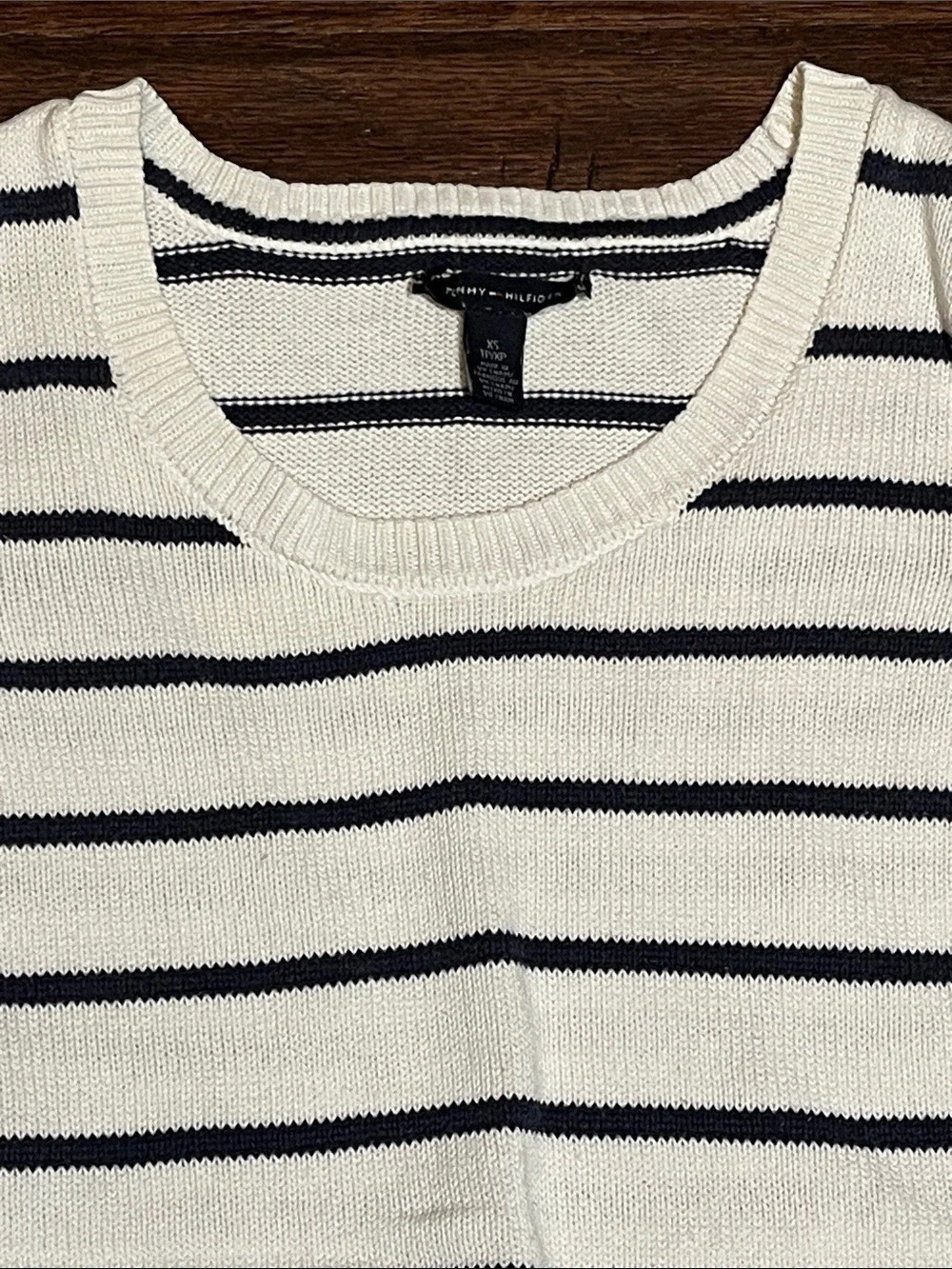 Tommy Hilfiger Striped Short Sleeve Knit Sweater - Cream & Navy XS - Picture 3 of 5